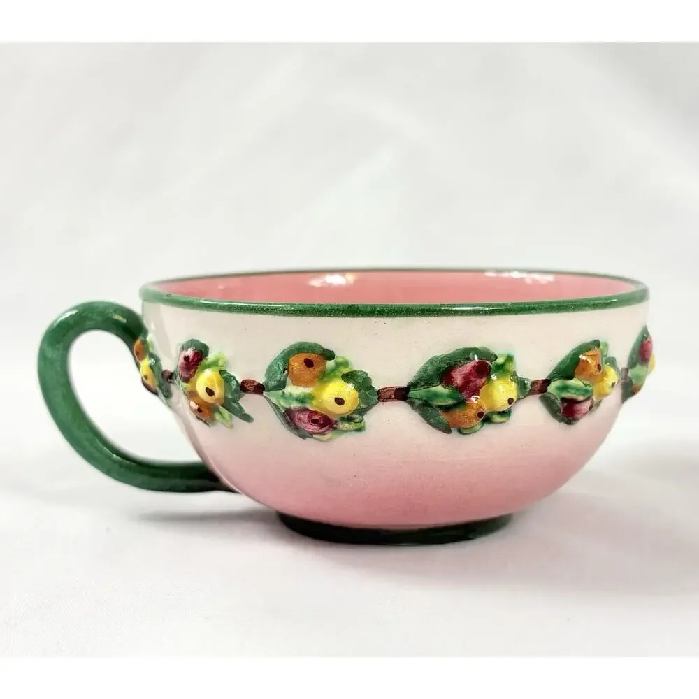 Vtg Italian Majolica Tea Cup & Saucer Pink Fruit Relief Pears Berries Italy 5233